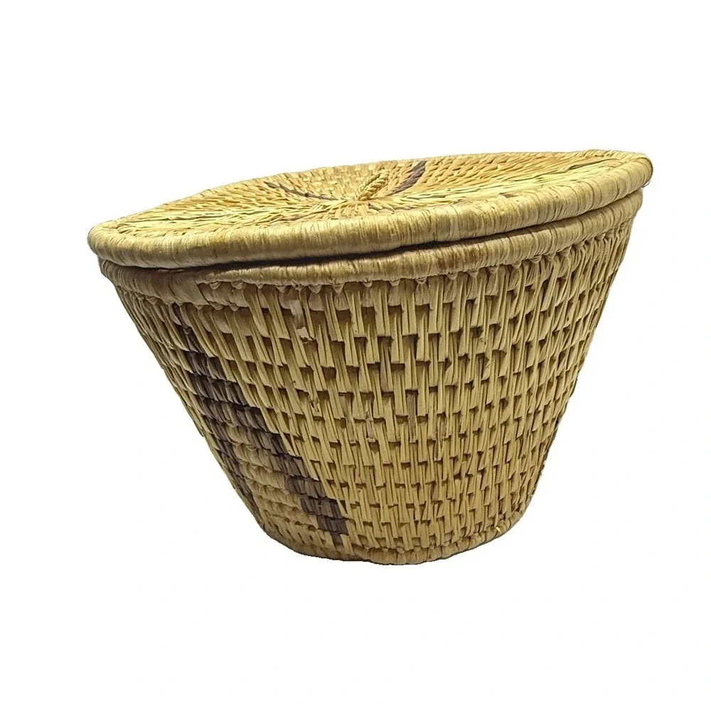 African Lidded Basket Handwoven Raffia Geometric Boho Afrohemian Decor Storage